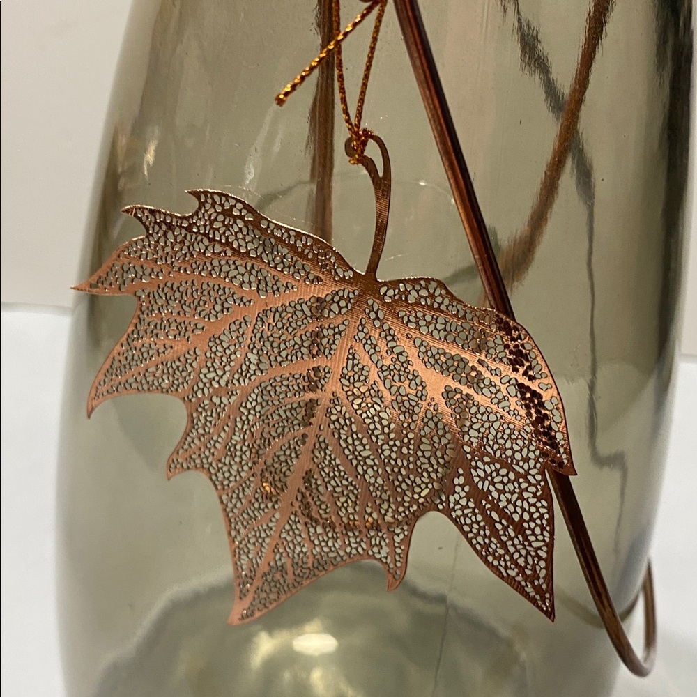 Tall Large smoky Glass votive lantern rose gold accent leaf and wired handle - Picture 6 of 7